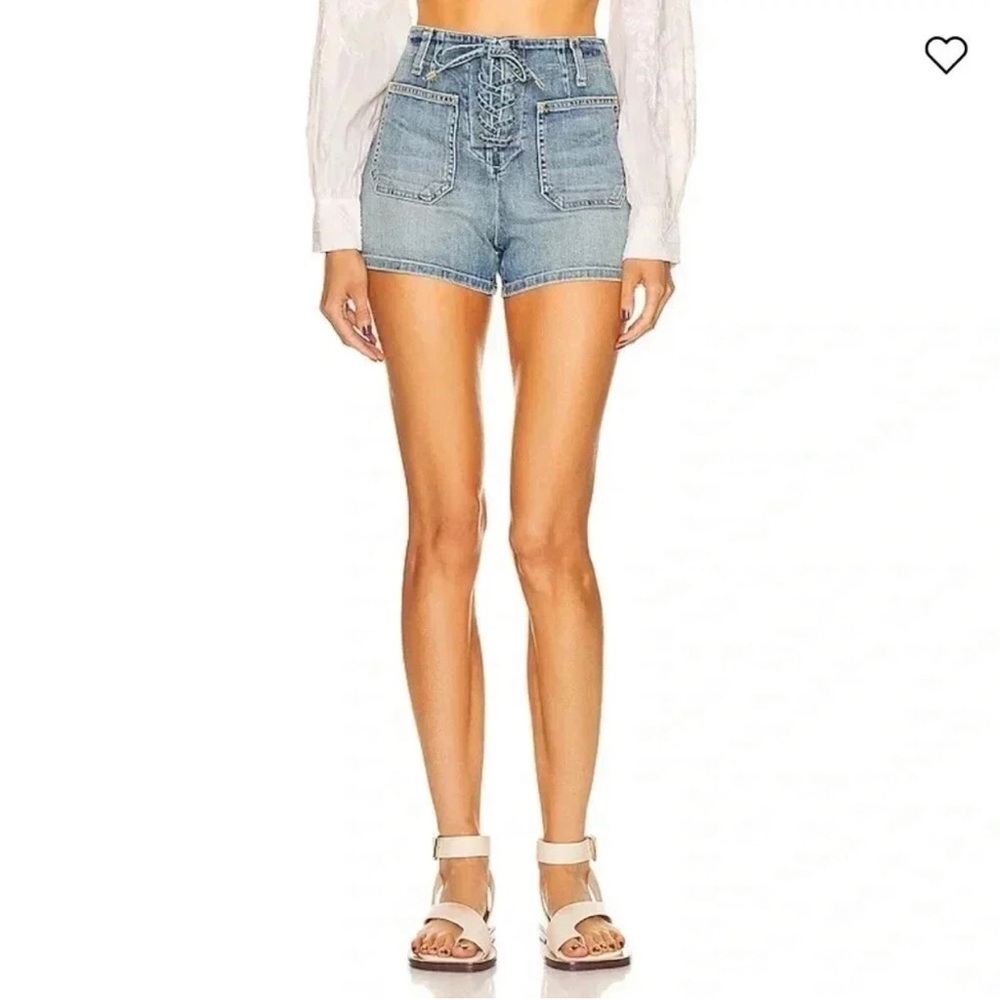 Nili Lotan High Waisted Lace Up Denim Shorts Size 25 Faded Wash